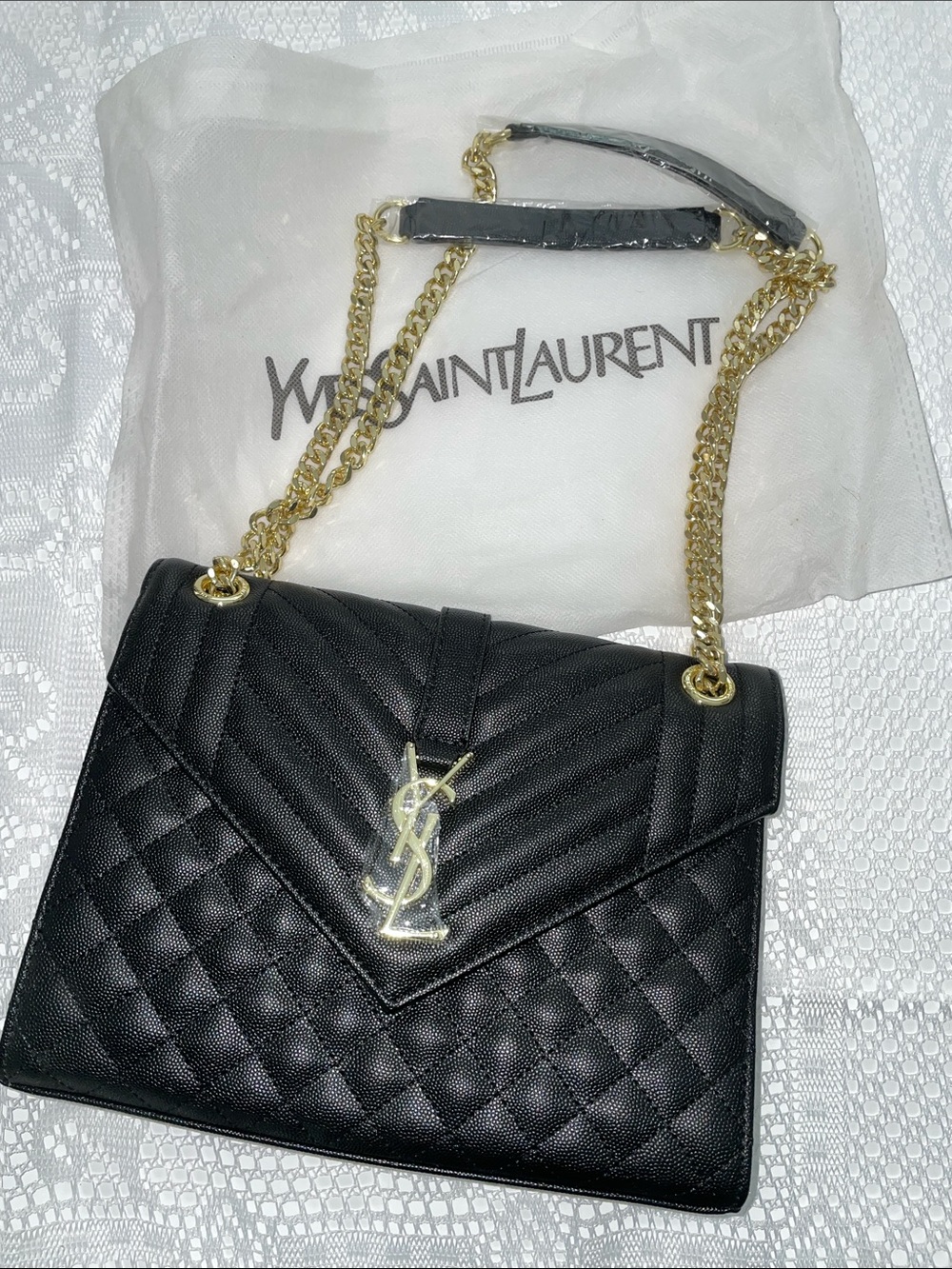 Black Quilted Shoulder Bag with Gold Chain and Logo